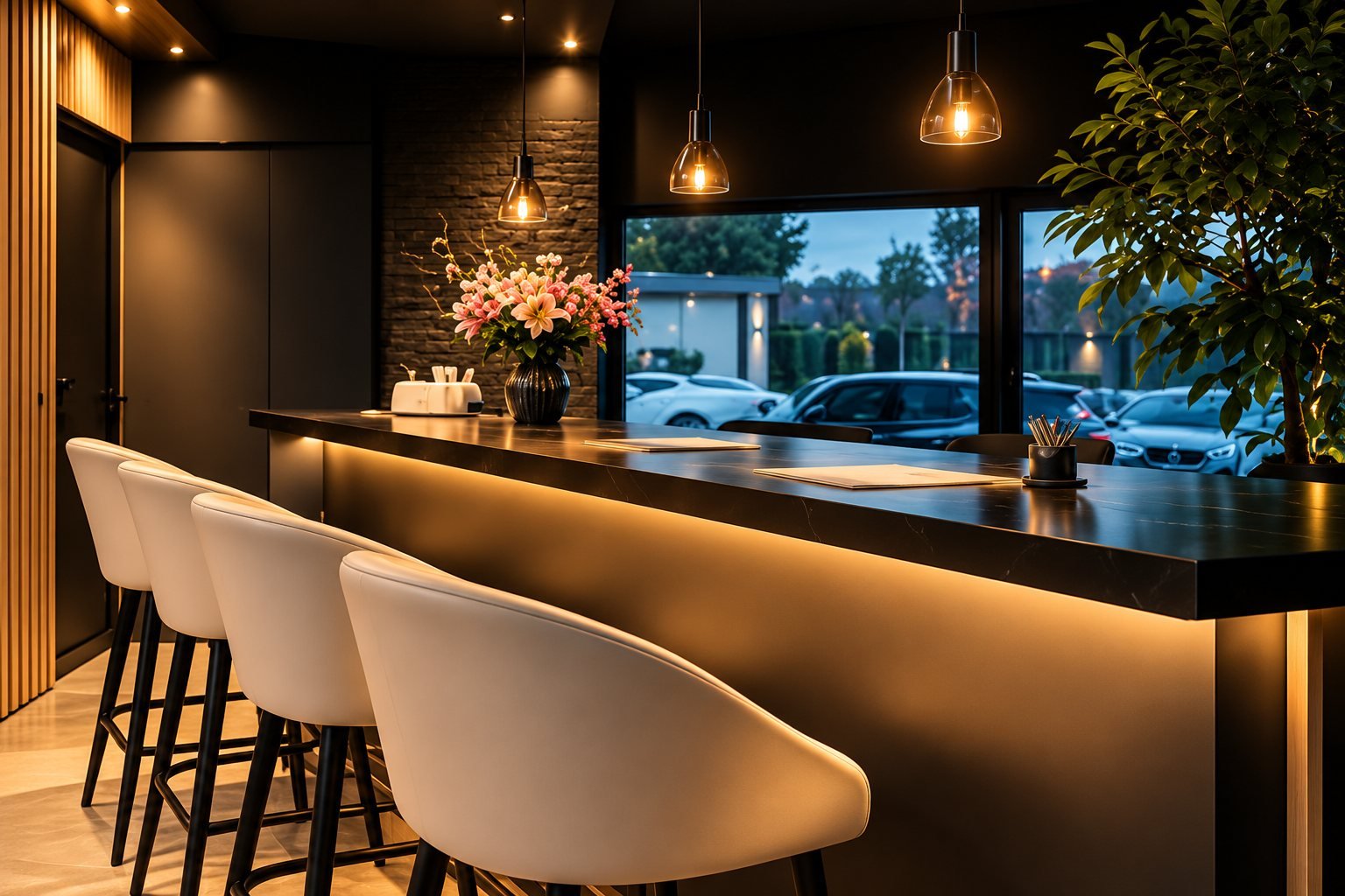 De lounge met bar in de showroom van De Vorst Auto’s